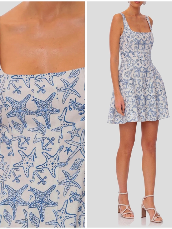 Avec Les Filles Dresses & Skirts - Avec Les Filles, White Mini Dress with Blue Starfish Print